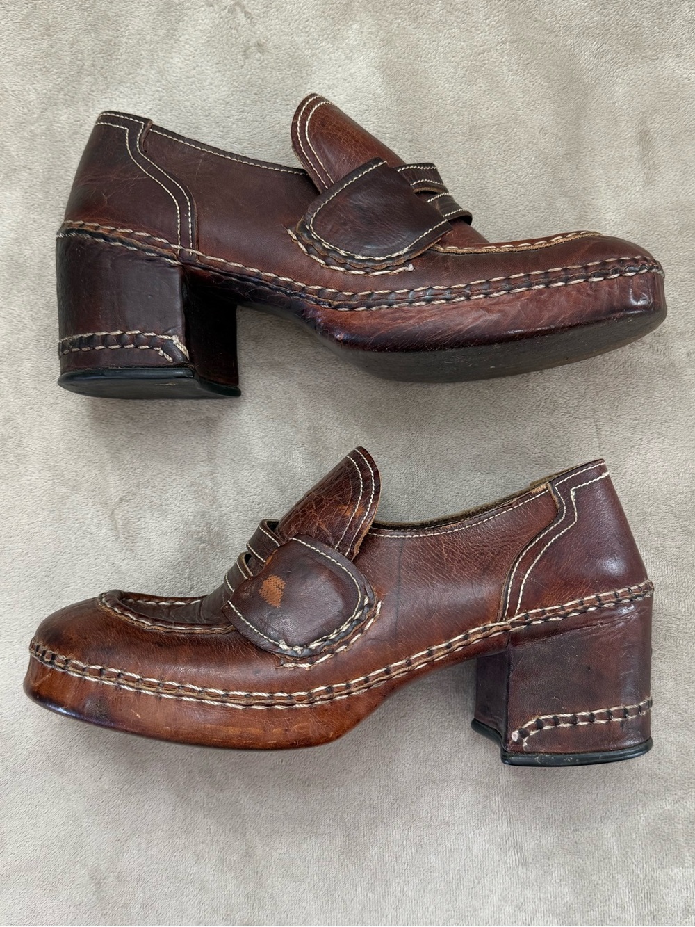 * Vintage Leather Chunky Heel Loafers Bold Stitching - Picture 2 of 12